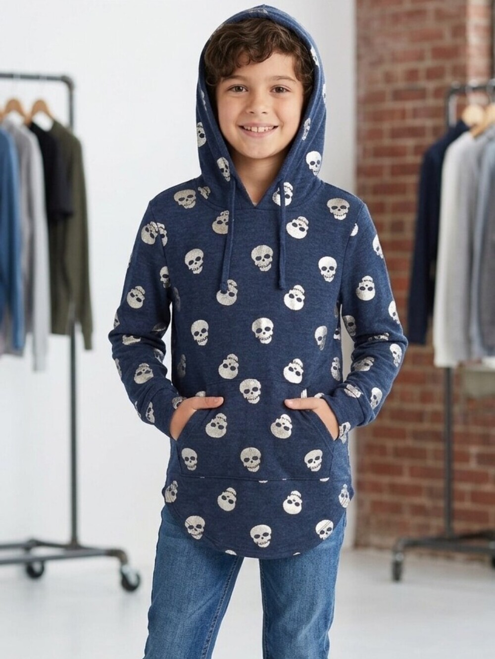 No Boundaries Kids Blue White Skull Print Unisex Hoodie